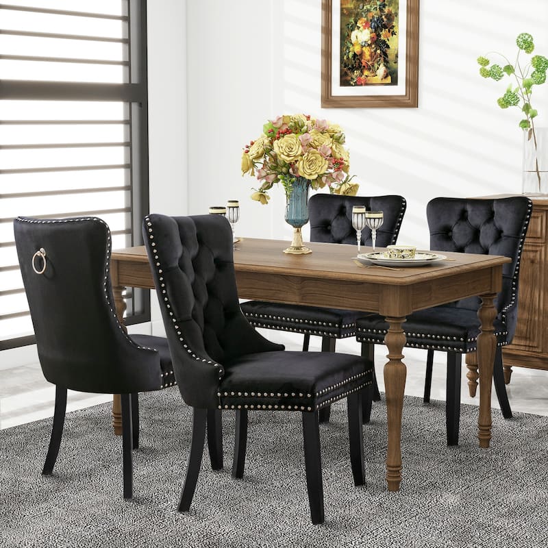 Set of 2 Hollywood Glam Velvet Dining Chairs – Tufted Back with Nailhead Trim and Ring Pull, Modern Accent Side Chairs