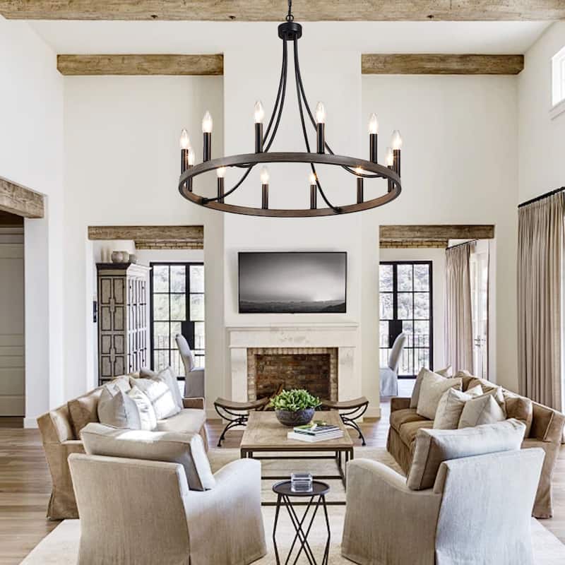 12-light Rustic Farmhouse Wagon Wheel Chandelier Candle Dining Room Lighting - N/A
