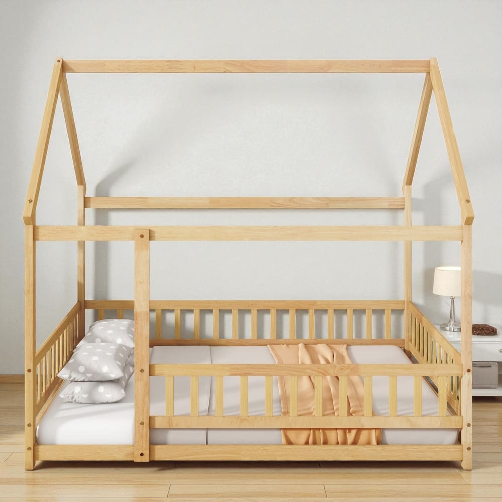 Full Size House Floor Bed with Roof Frame and Guardrails, Solid Wood Montessori Bed for Kids with Fence Design