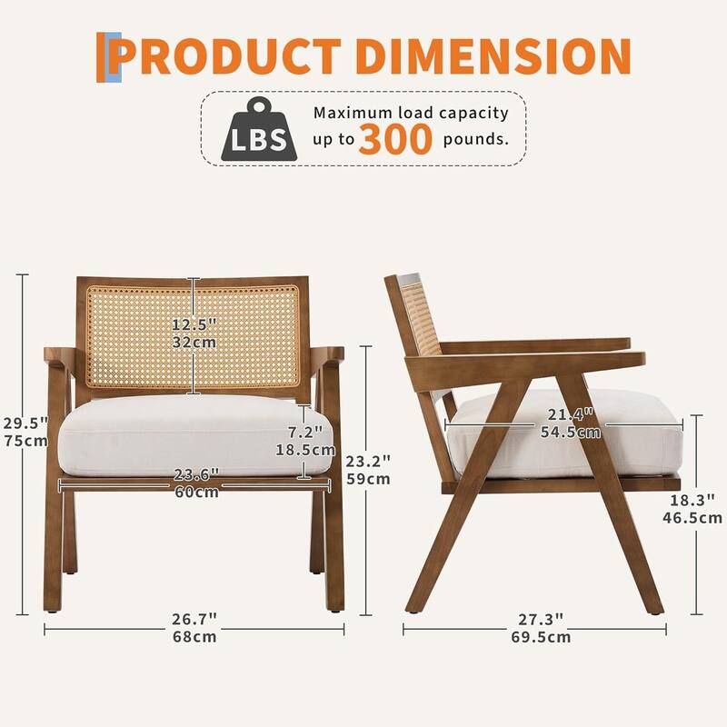 Mid-Century Farmhouse Accent Chair with Rattan Backrest for Living Room, Bedroom