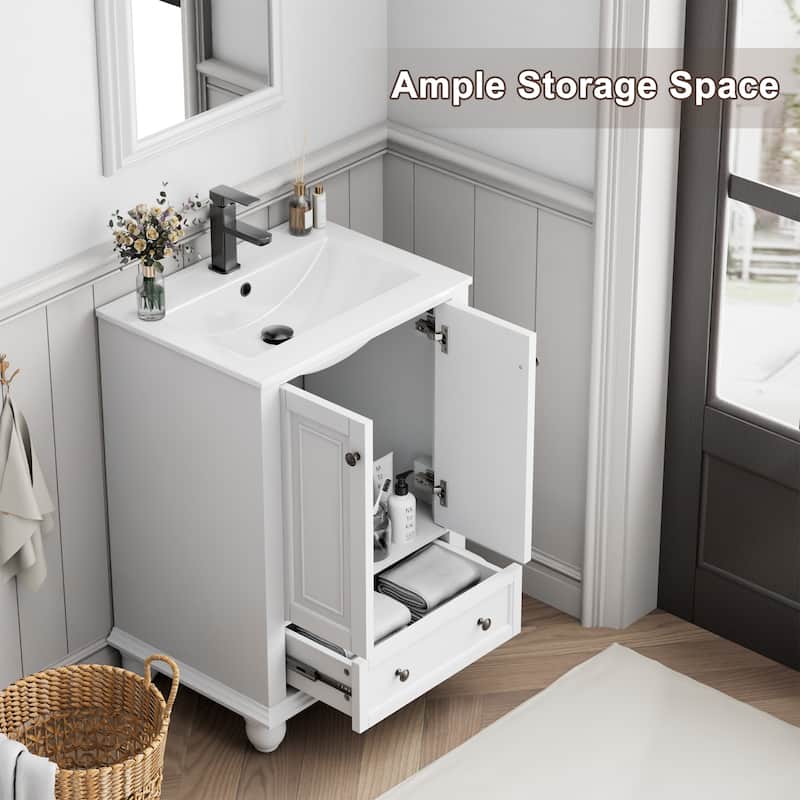 Retro Bathroom Vanity Cabinet Solid Wood Classic with Ceramic Sink