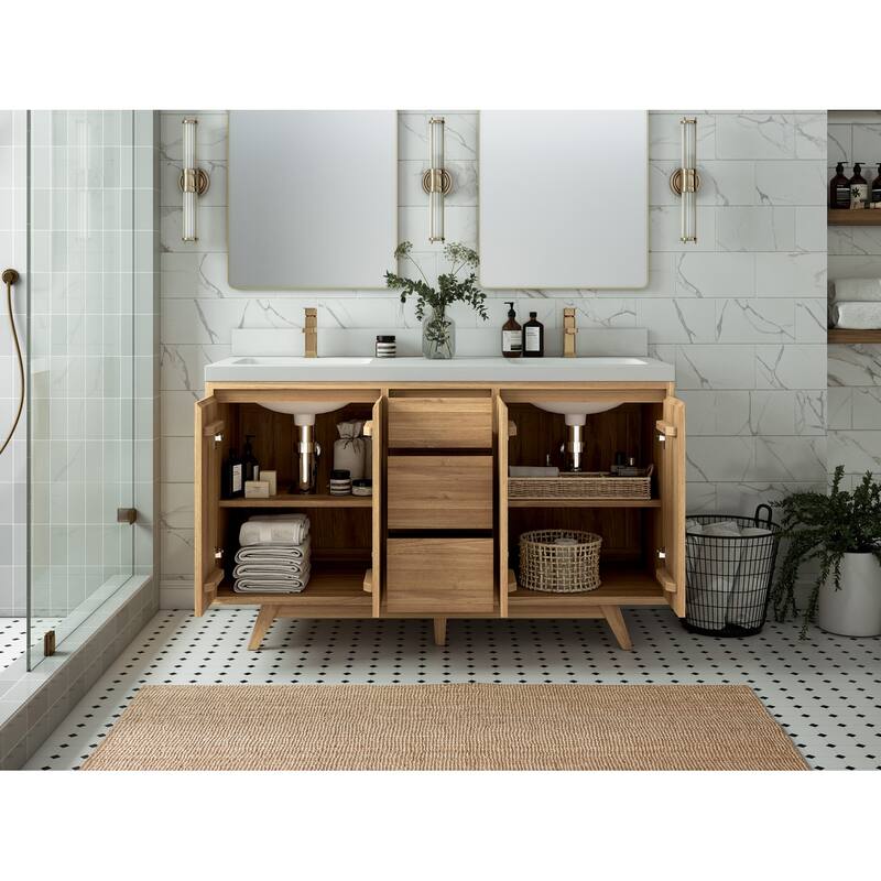 Willow Collections 60 in. W x 22 in. D Madison Teak Double Sink Bathroom Vanity with Countertop