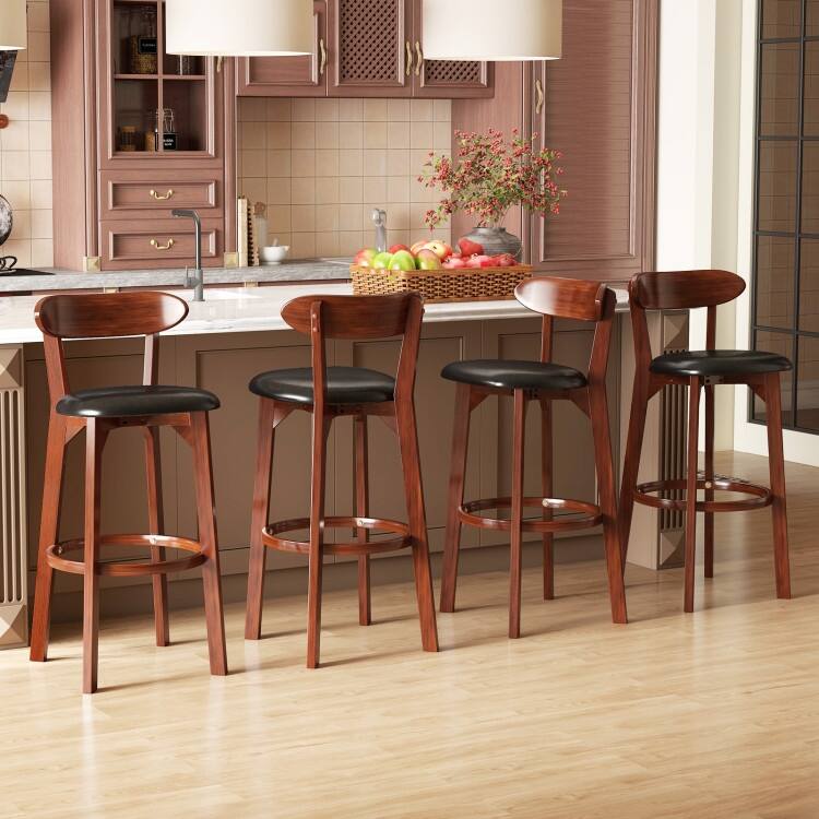 Walnut and Black Rubber Wood Bar Stools Set of 2 with PU Leather Seat and Footrest
