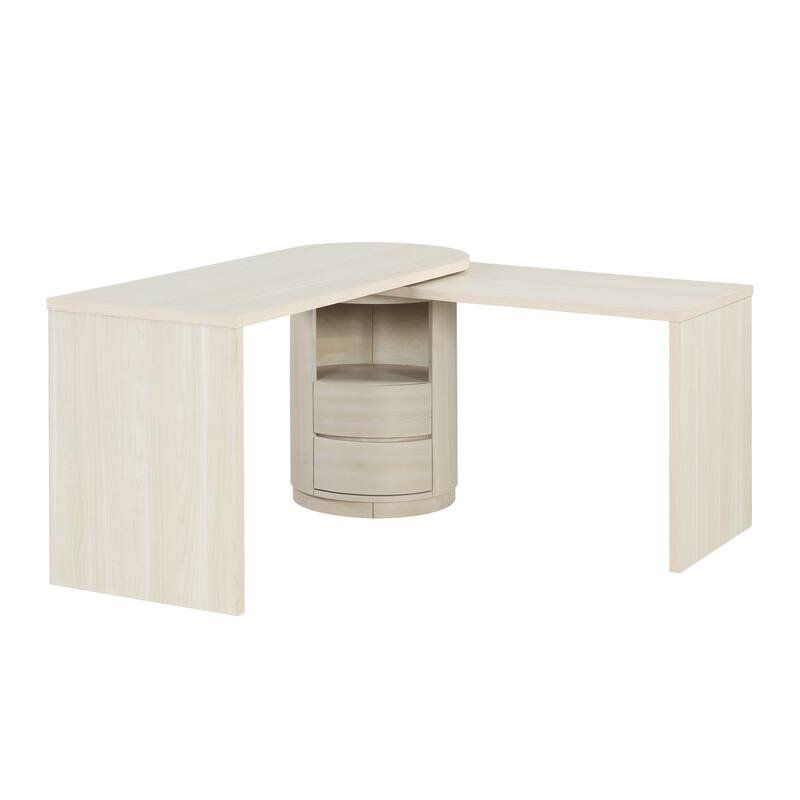59"L Shaped Desk in Walnut with 2 Drawers,Open storage,360°Wood Rotating Desk,Executive Office Desk,Office Study Workstation