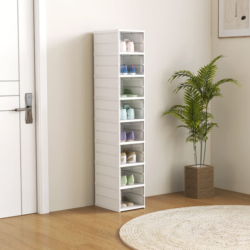 White PP ABS 8-Tier Foldable Shoe Organizer with Clear Doors - 10.2" W x 13.8" D x 55.1" H
