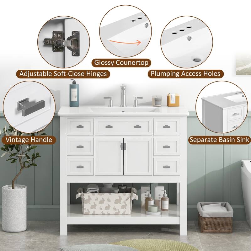Bathroom Vanity with Top Sink, Bathroom Storage Cabinet with 2 Soft Closing Doors, Bathroom Vanities with 6 Drawers