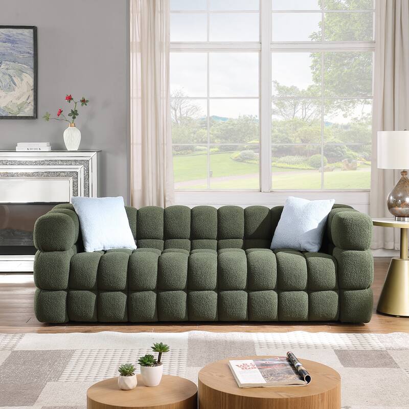 84.3 Length,35.83" Deepth,Human Body Structure,Marshmallow Sofa,Boucle Sofa,White Color,3 Seater - Olive Green