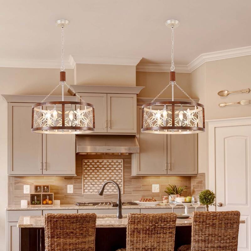 Bella Depot 4-Light Distressed Wood Wheel Chandelier Engraved Pattern Pendant Light with Adjustable Chain