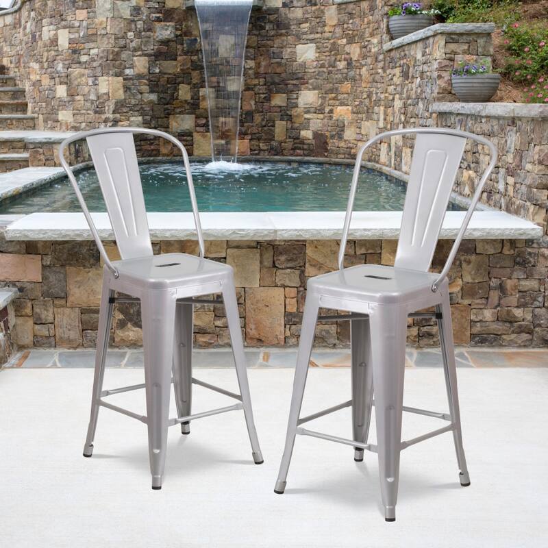 24'' High Metal Indoor-Outdoor Counter Height Stool with Back
