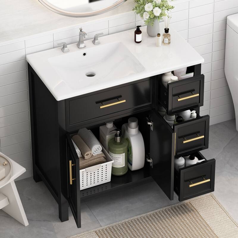 Roomfitters 36" Bathroom Vanity with Sink, Left-Side Basin, Solid Wood Frame, 2 Doors & 3 Drawers