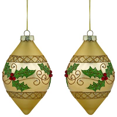 Set of 2 Golden Glitter Holly Finial Christmas Glass Ornaments 5"