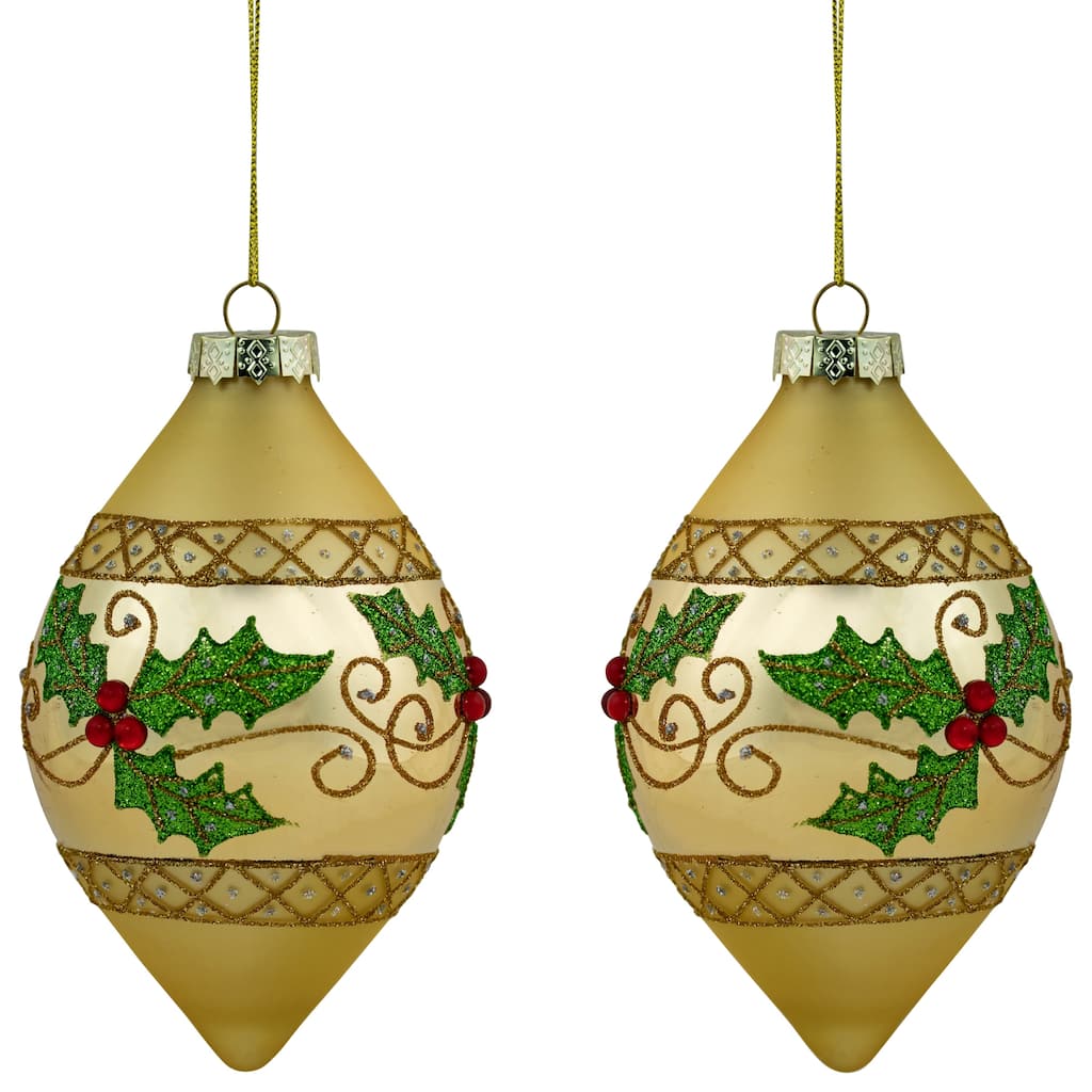 Set of 2 Golden Glitter Holly Finial Christmas Glass Ornaments 5"