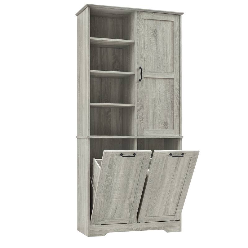 Roomfitters 68" Tall Bathroom Storage Cabinet with Dual Tilt-Out Laundry Hampers, Open Shelves & Adjustable Storage