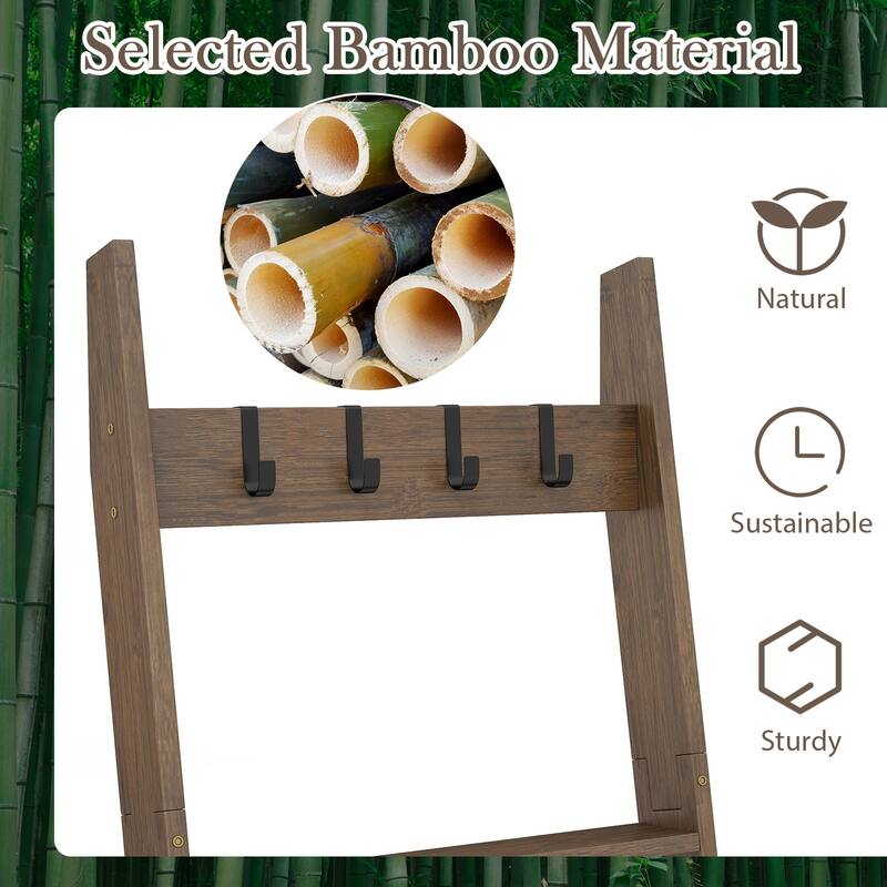 Brown Wicker Metal Ladder Bookshelf 5-Tier Towel Rack with Hooks and Anti-Tip Straps - 17" L x 3" W x 58.5" H