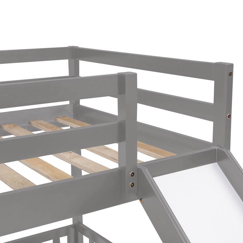 Solid Wood Twin Over Twin Bunk Bed for Kids with Slide and Ladder, Low Floor Twin Bunk Beds with Safety Guardrails, Noise Free