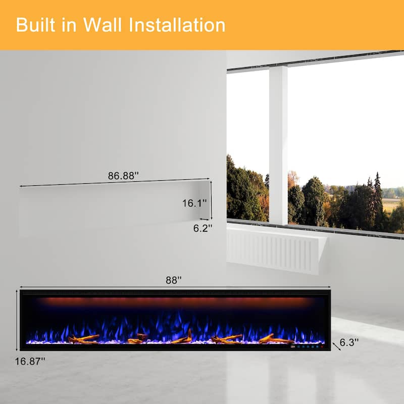 50"-88" Electric Fireplace with Multi Flame Colors, Remote, Adjustable Heat & Timer