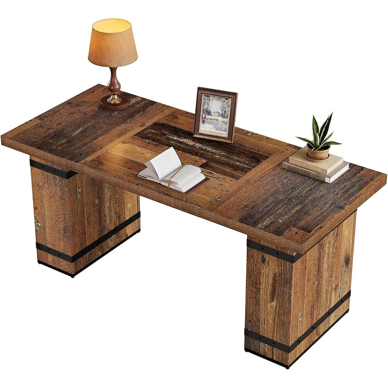 63-Inch Executive Desk with Heavy Duty Base, Large Business Workstation Table for Home Office, Mix-Brown