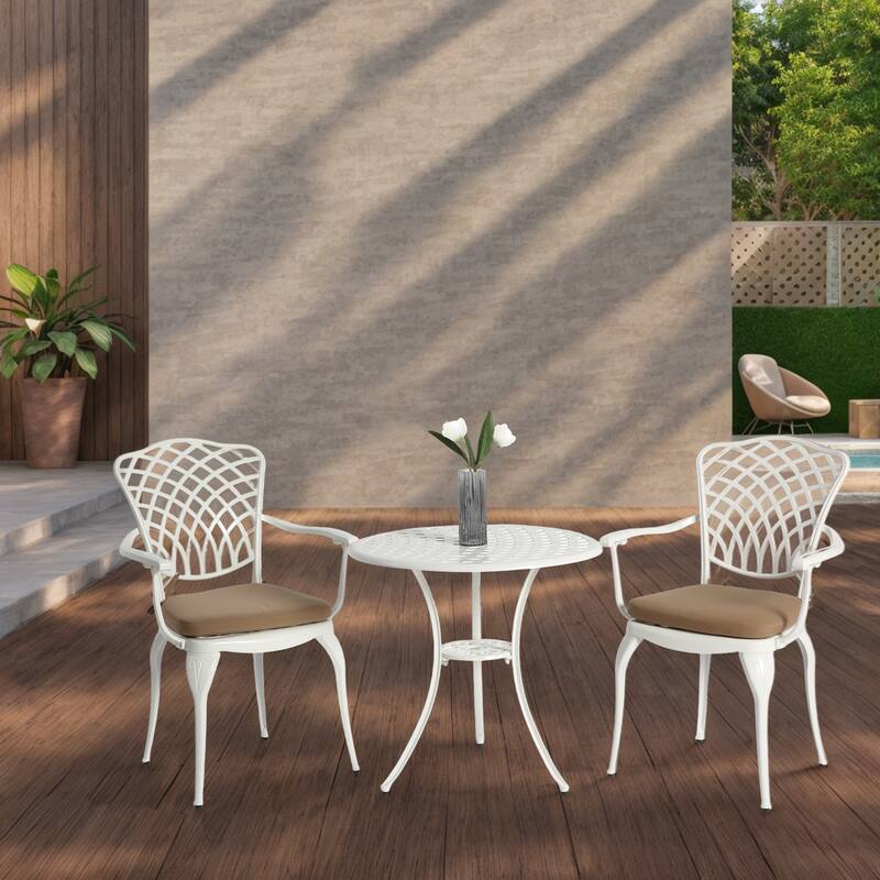 Outdoor 3-Piece Bistro Table and Chairs Set with Umbrella Hole, Patio Aluminum Chairs Set with Cushion & Round Table - White