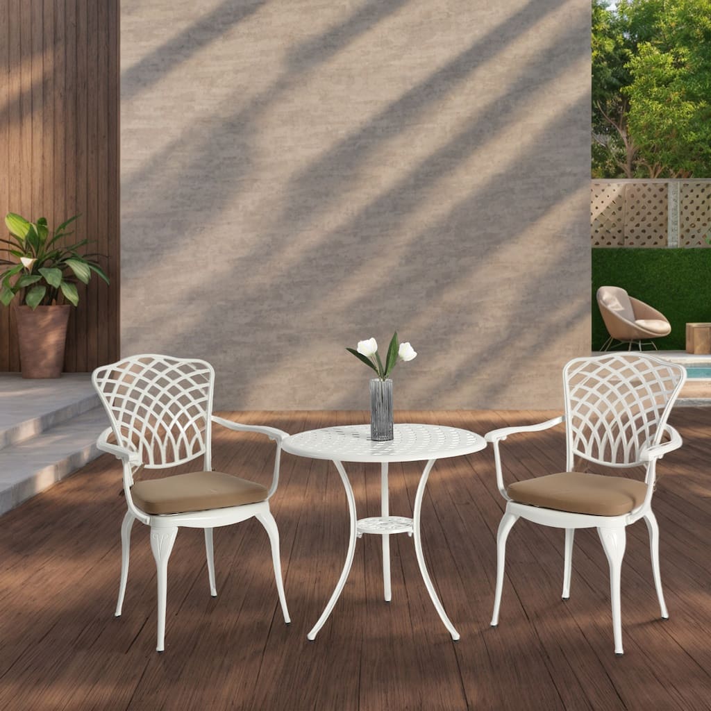 Outdoor 3-Piece Bistro Table and Chairs Set with Umbrella Hole, Patio Aluminum Chairs Set with Cushion & Round Table