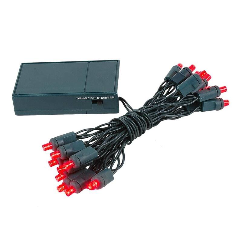 20 Light LED Battery Christmas Mini Light Set, Green Wire, 8' Long - Red