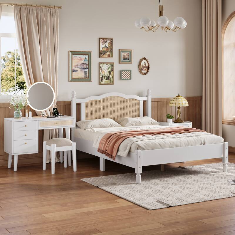 Wooden Platform Bed with Rattan Headboard Curved Wingback Bed Vintage Bed Frame Wood Slat Support Bed with Underbed Storage