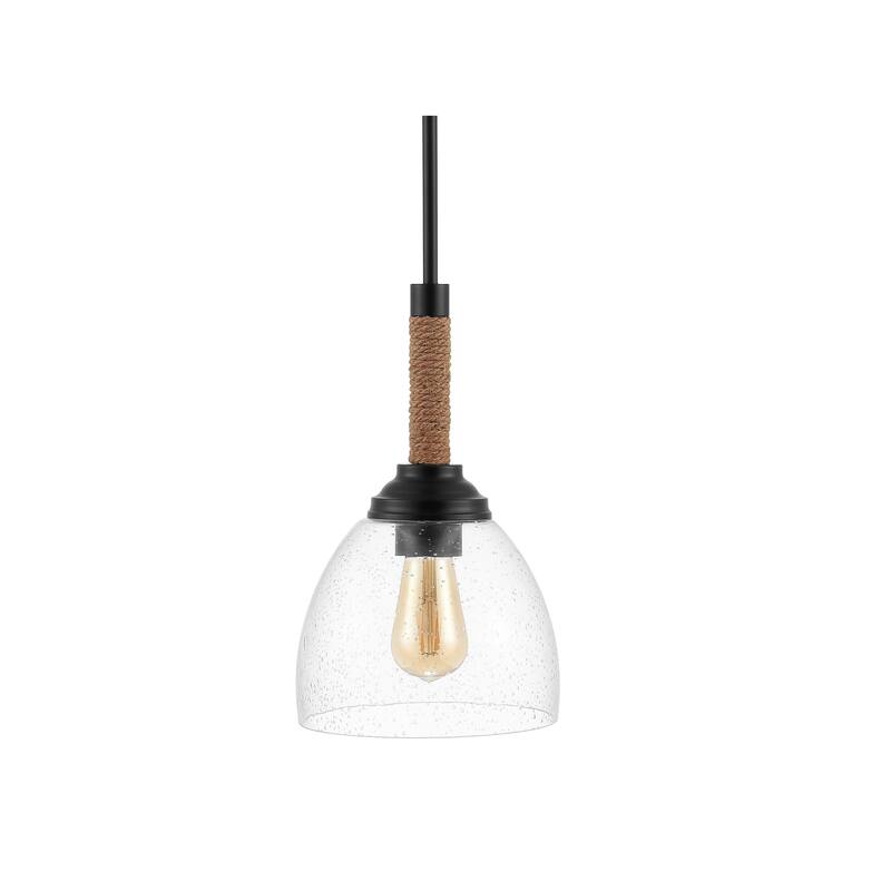 Hampton 7.63" Adjustable Rope-Wrap Modern Rustic Iron/Glass LED Pendant, Black by JONATHAN Y