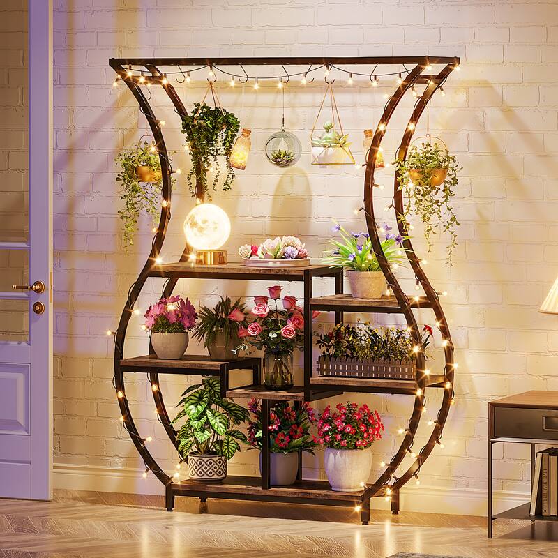 6 Tier Metal Plant Stand, 71 Inch Tall Plant Shelf with 10 Hanging Hooks - 47.2” W*11.8” D*70.9” H