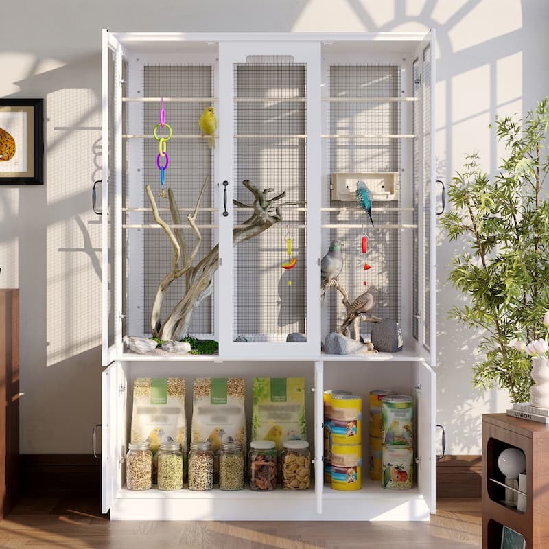 Indoor Bird Cage Cabinet with Storage Base, White Wooden Aviary with DIY Wire Mesh & Food Organizer