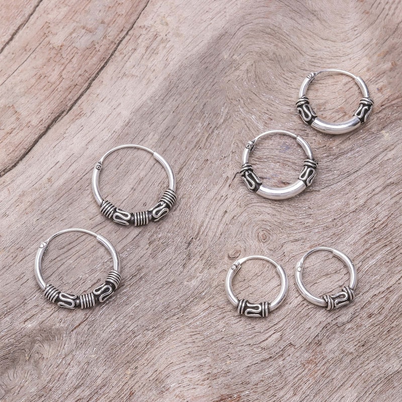 NOVICA Thai Tradition, Sterling silver hoop earrings (set of 3)