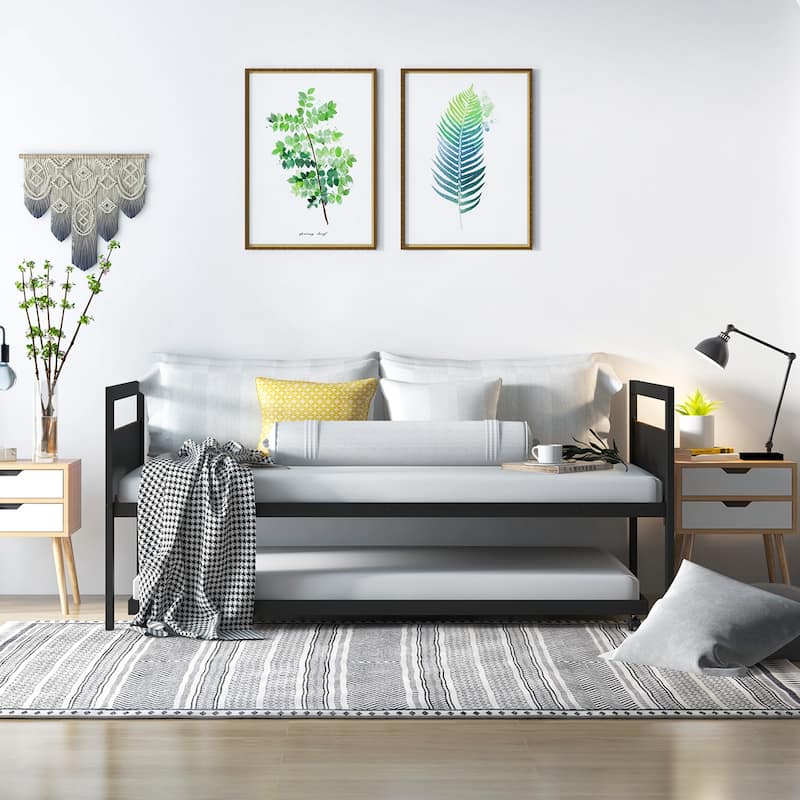 Costway Twin Metal Daybed with Trundle Lockable Wheels Heavy Duty