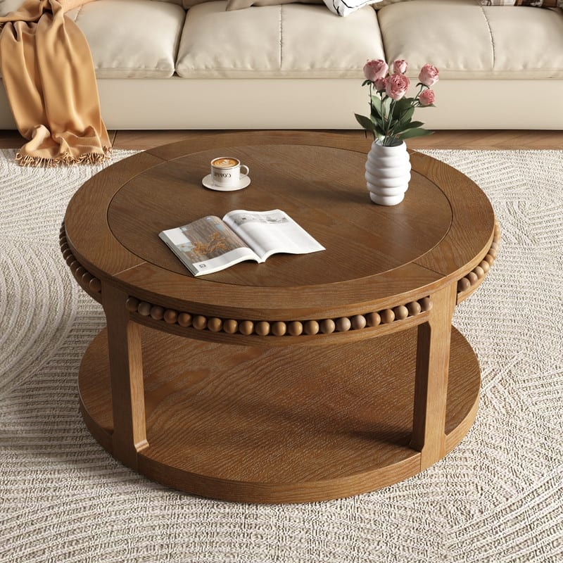 Round Solid Wood Coffee Table, Two-Tier Design with Sturdy Construction for Living Room Elegance - Brown