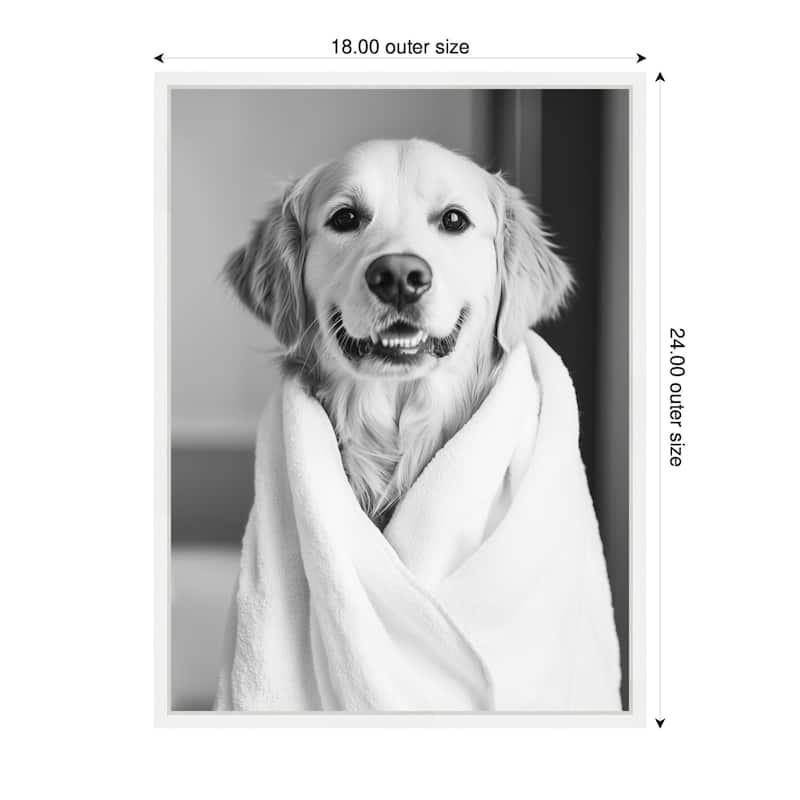 Kate and Laurel Sylvie Golden Retriever Bathroom Towel Robe Black and White Framed Canvas by The Creative Bunch Studio
