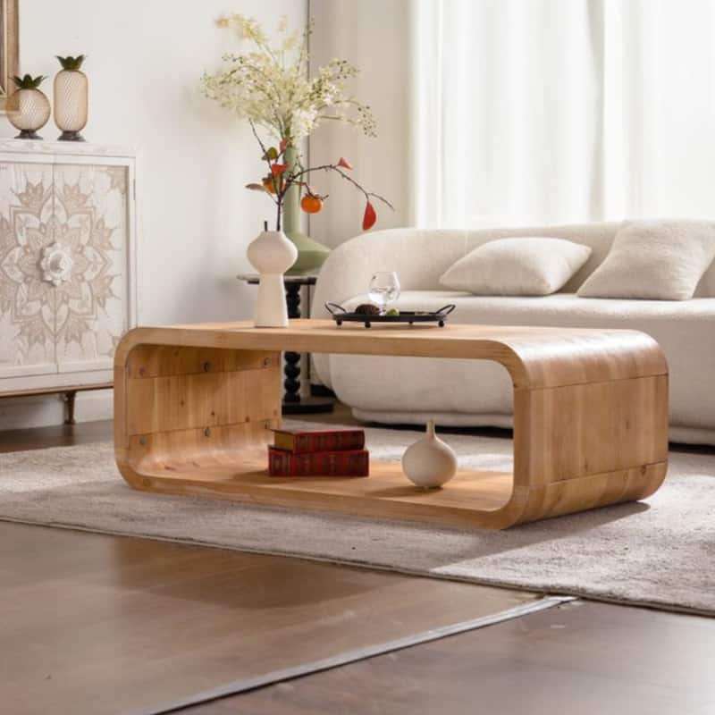 GDFStudio - Modern Curved Open-Frame Coffee Table with Light Wood Finish and Open Storage Shelf