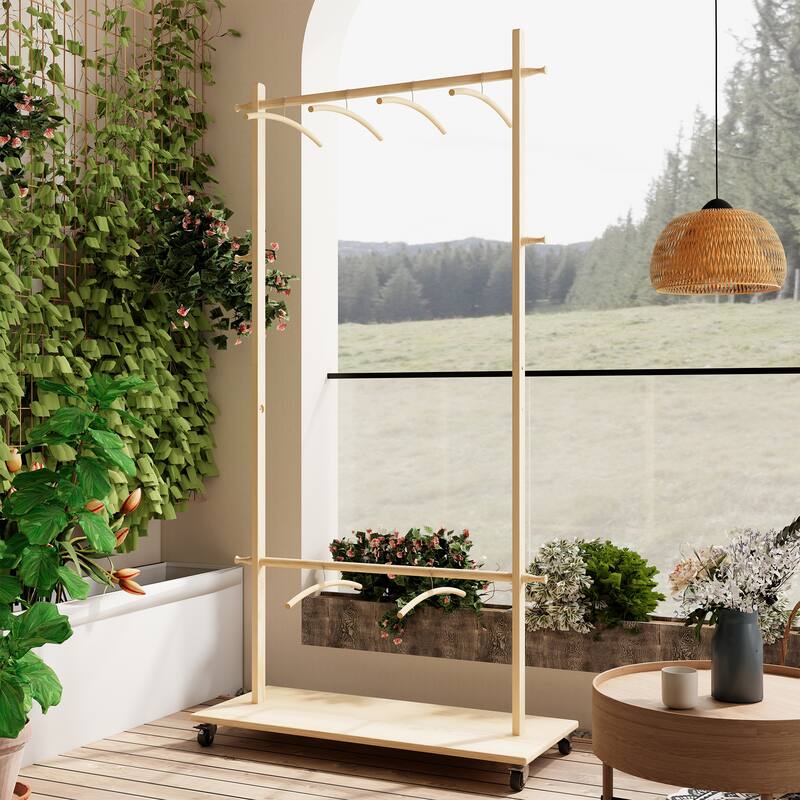 Anmytek Solid Finnish Pine Rolling Garment Rack with 2 Hanging Rods & Shelf, Freestanding Clothes Organizer with Lockable Wheels