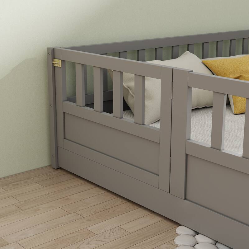 Toddler Full Size Montessori Low-Profile Floor Bed for Kids with High Baffle Fence and Door - Available with or without Slats