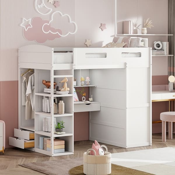 slide 2 of 40, Twin Size Solid Wood Loft Bed with Desk, Wardrobes & Drawers Twin - White