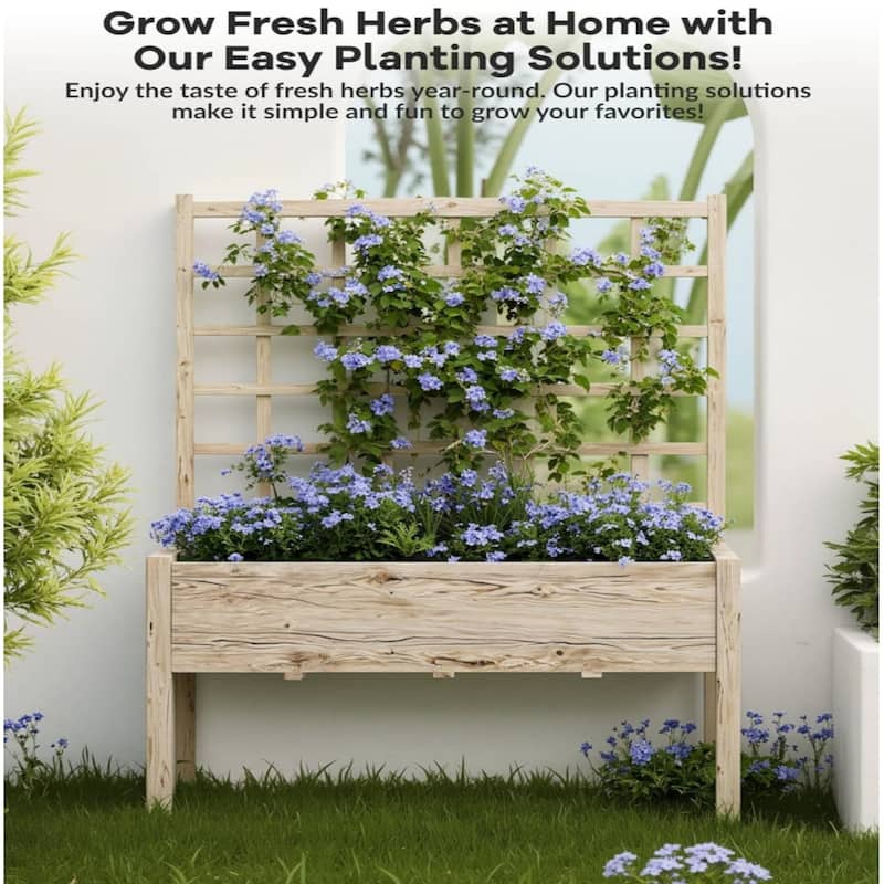 65" Wooden Elevated Garden Planter with Trellis and Stand -