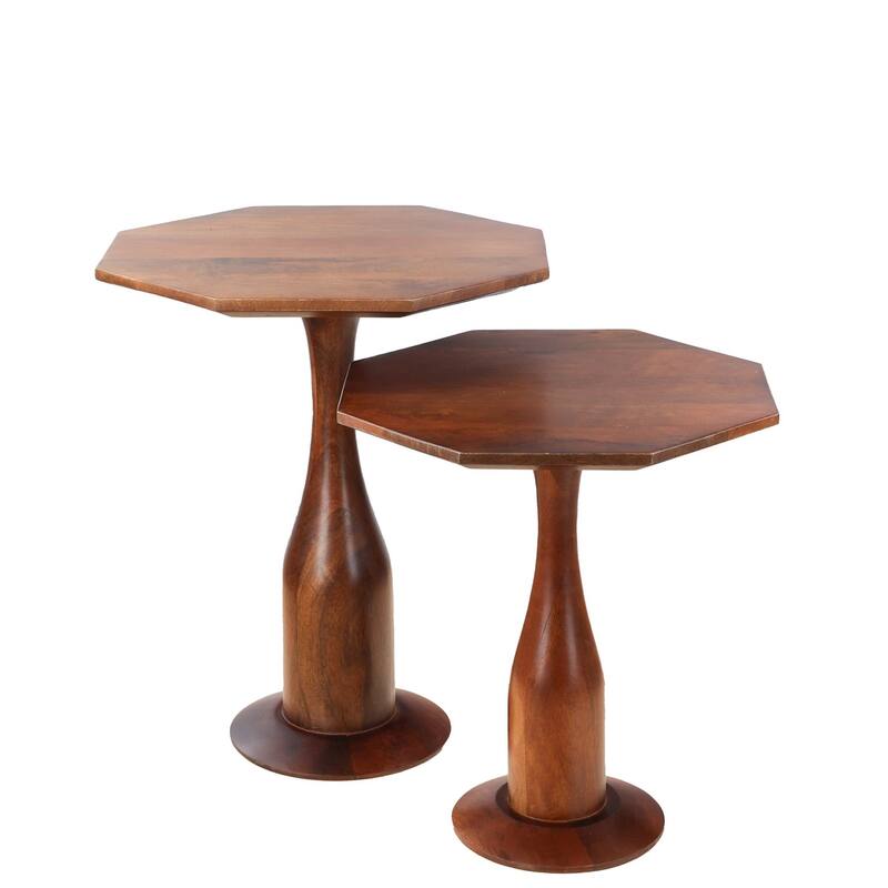 Set of 2 Hexagon Accent Tables with Mango Wood Tops and Pedestal Bases