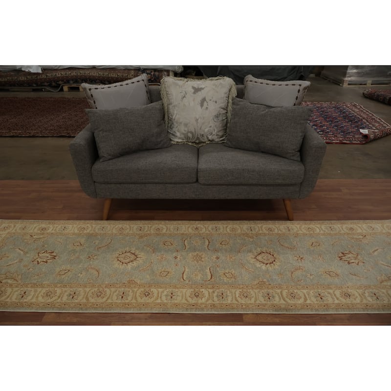 Hand Knotted Oriental 100% Wool Carpet Traditional Floral Greys & Charcoal Peshawar Runner Rug - 9' 8'' X 2' 9''