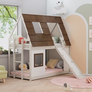 Cozy and Fun Wood Twin Size House Bunk Bed with Window Roof Shape ...