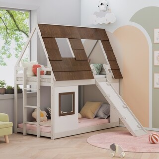 Twin over Twin House Bunk Bed With Window Roof,Ladder and Climbing Ramp