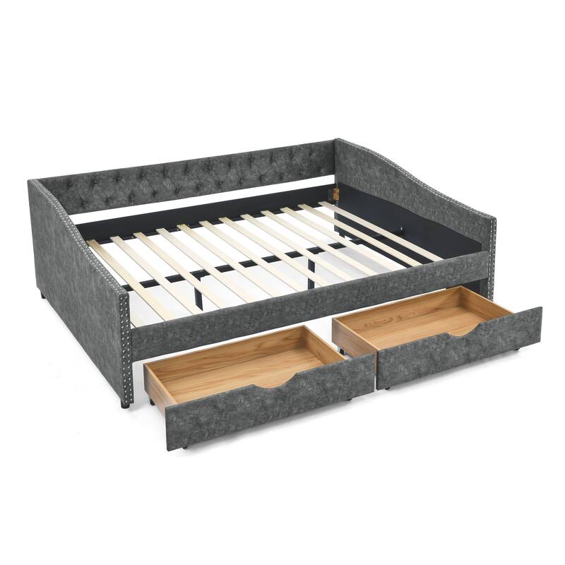 Tufted Button Daybed with 2 Storage Drawers/Upholstered Sofa Bed Frame w/Copper Nail on Waved Shape Armrests/No Spring Box Need
