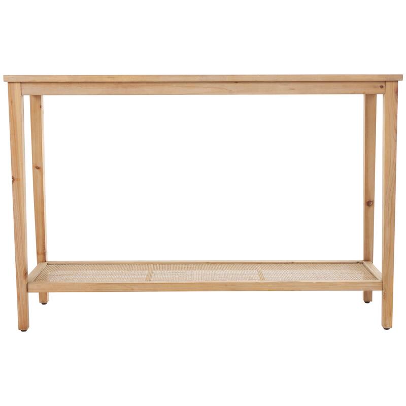 Brown Wood Slim Natural 1 Shelf Console Table with Glass Top and Rattan Shelf