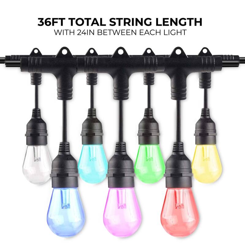 Bulbrite 36-foot Smart Indoor/Outdoor String Light Kit with Shatter Resistant RGB Color Changing LED Light Bulbs - Multicolored
