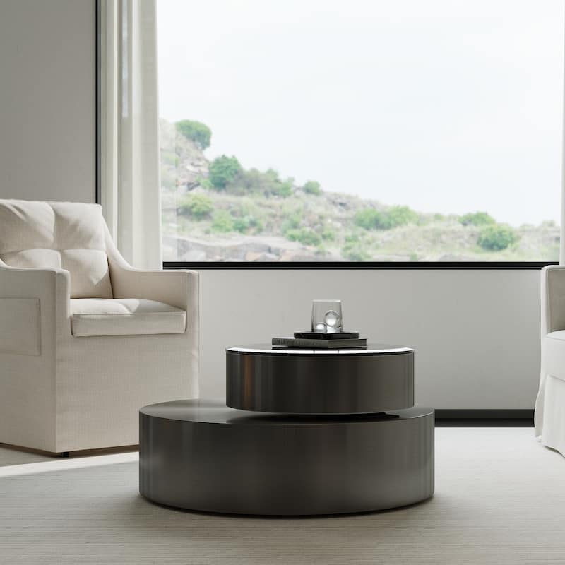 Luxury Round Coffee Table with 2 Tier Rotatable Top Circle Coffee Table with 360° Swivel Top for Living Room Apartment