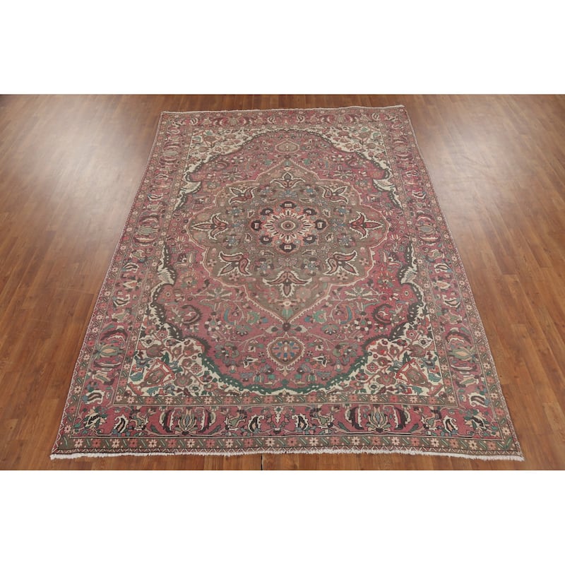 Pink Floral Bakhtiari Persian Vintage Rug Hand-Knotted Wool Carpet - 7'1"x 9'7"
