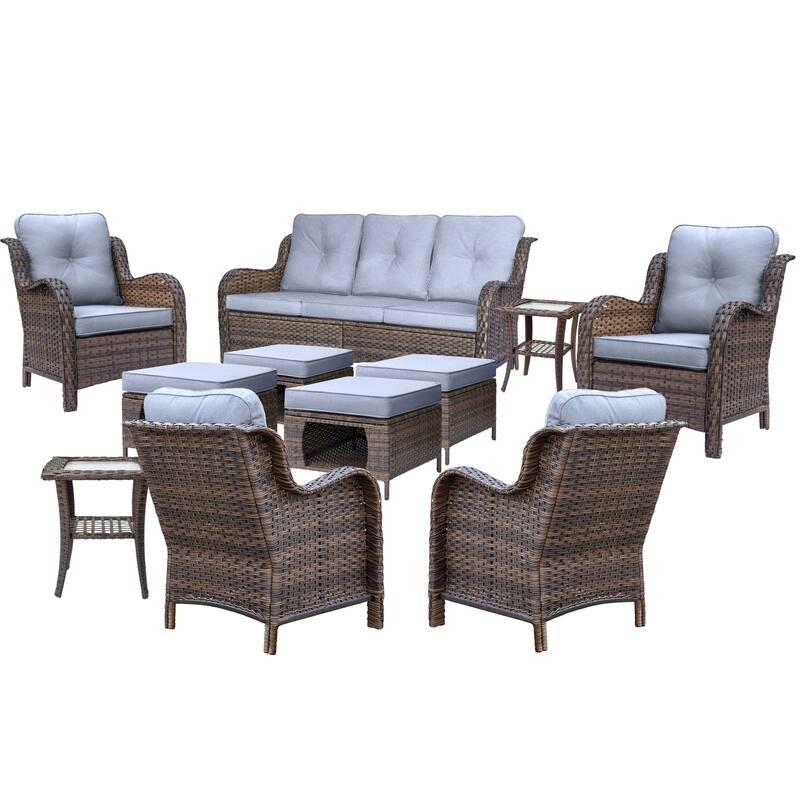 Brown Wicker Outdoor Patio Furniture Sofa Set with Denim Blue Cushions