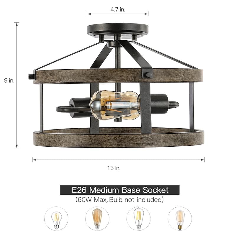 13 in. 2-Light Natural Iron and Distressed Faux Wood Industrial Farmhouse Semi-Flush Mount Ceiling Light