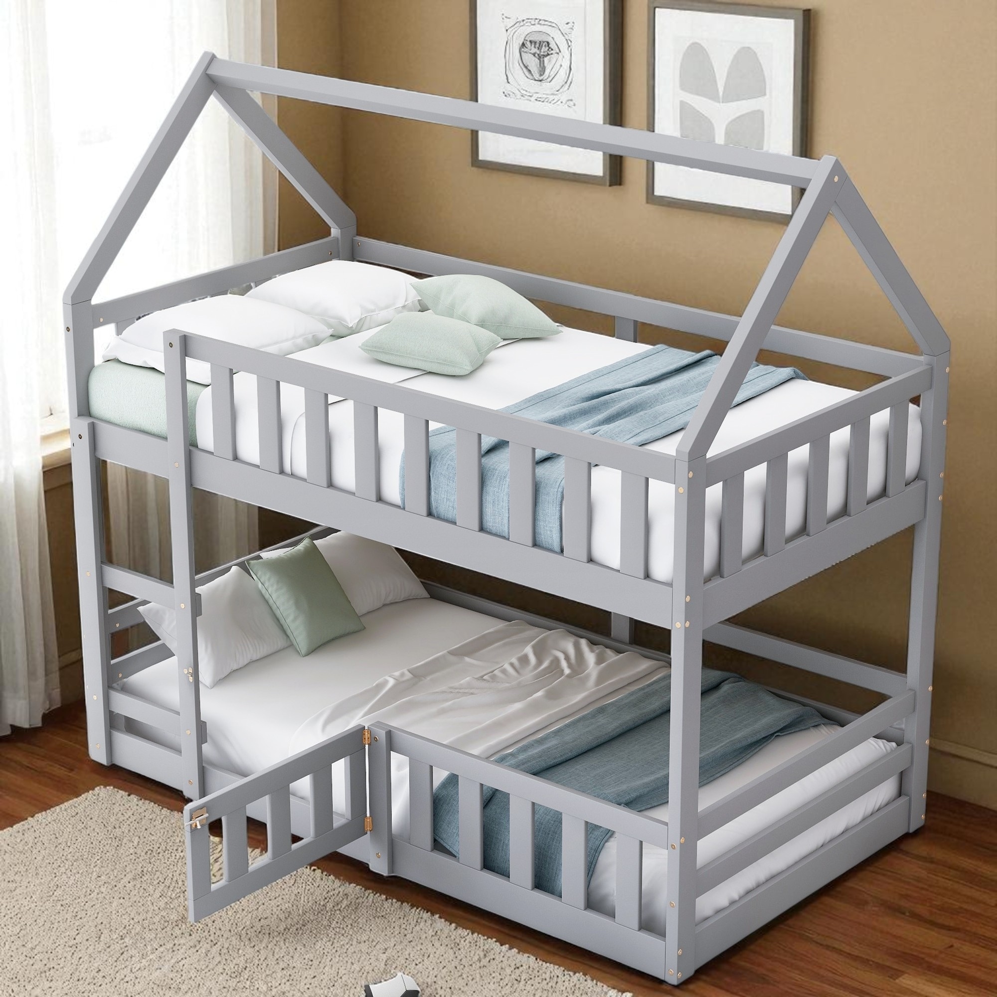Twin Over Twin House Bunk Bed with Fence, Door & Roof Frame, Solid Wood