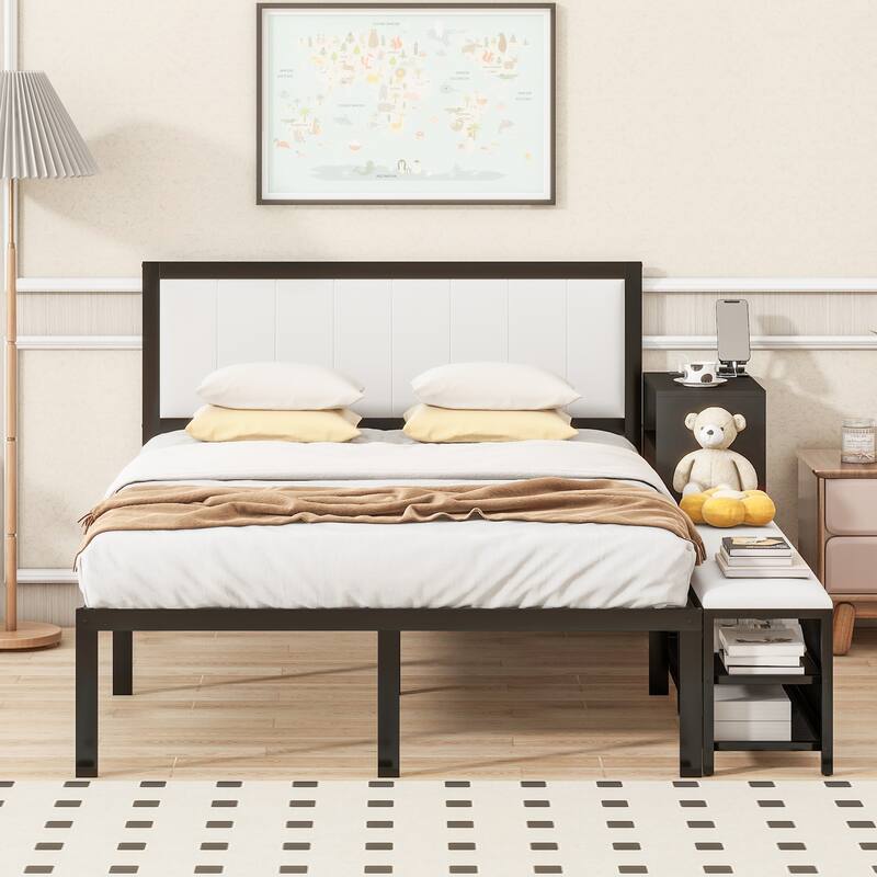 Full size Metal Platform Bed with Two-Tier Storage Shelves, Wooden Storage Cabinet